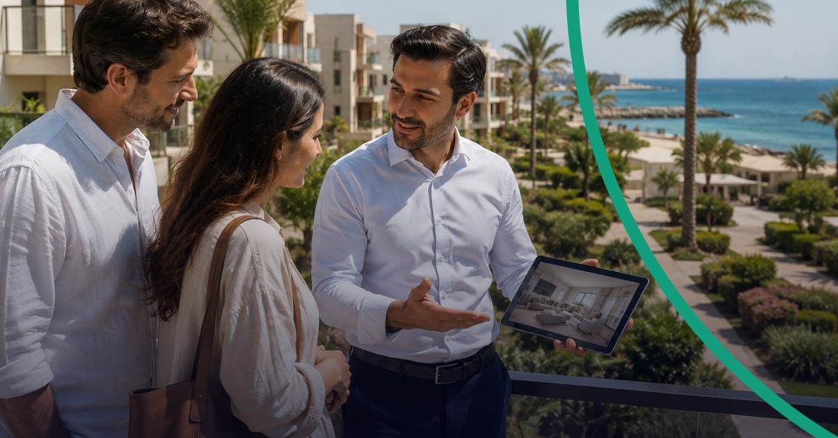 Jeddah compound manager shows an expatriate couple a digital tour of a coastal residential community.