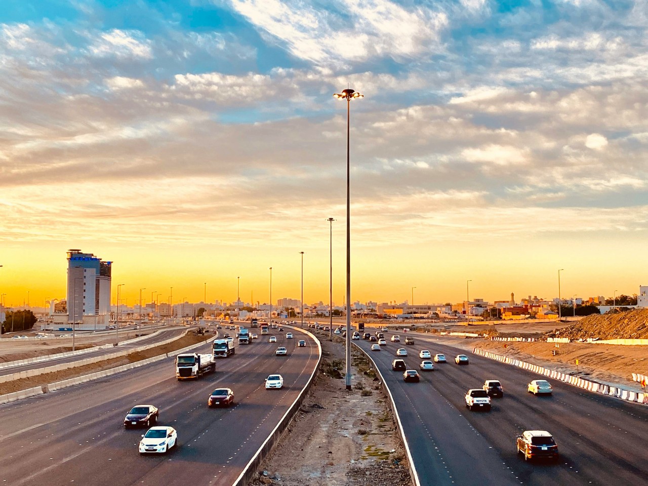 Highway in Saudi Arabia at sunset time 