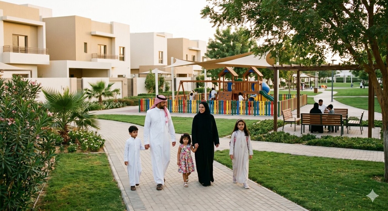 Family walking through a residential compound in Saudi Arabia with green spaces, children’s play areas, family amenities, and safe community features