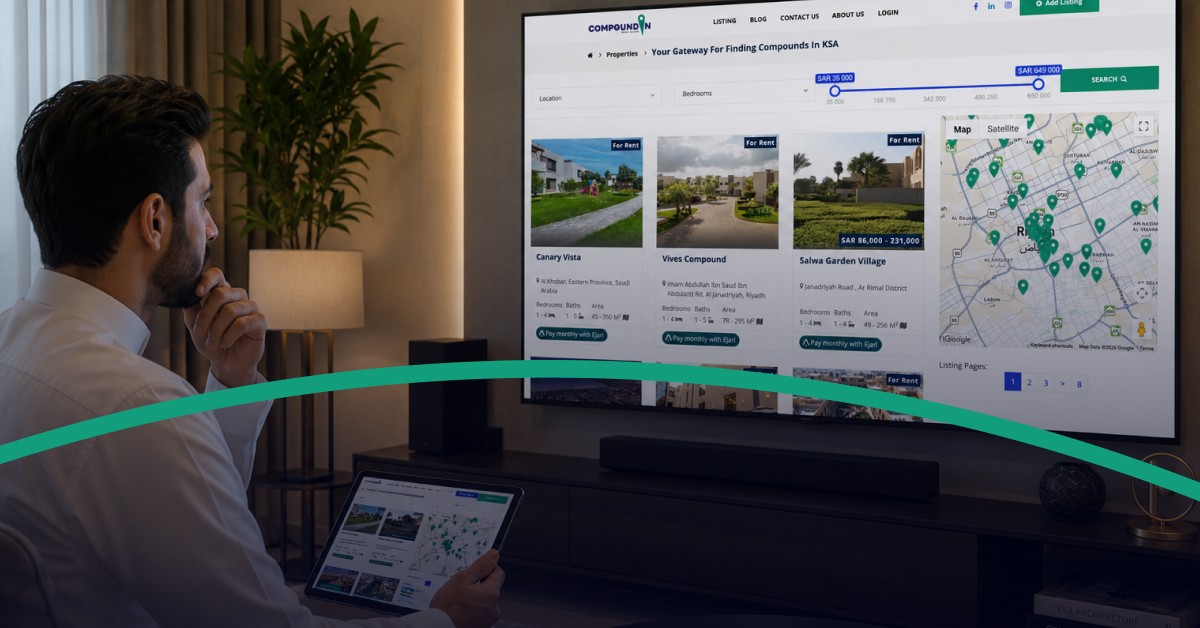 Person relocating to Saudi Arabia reviewing housing options, residential compounds, and rental communities before choosing a home